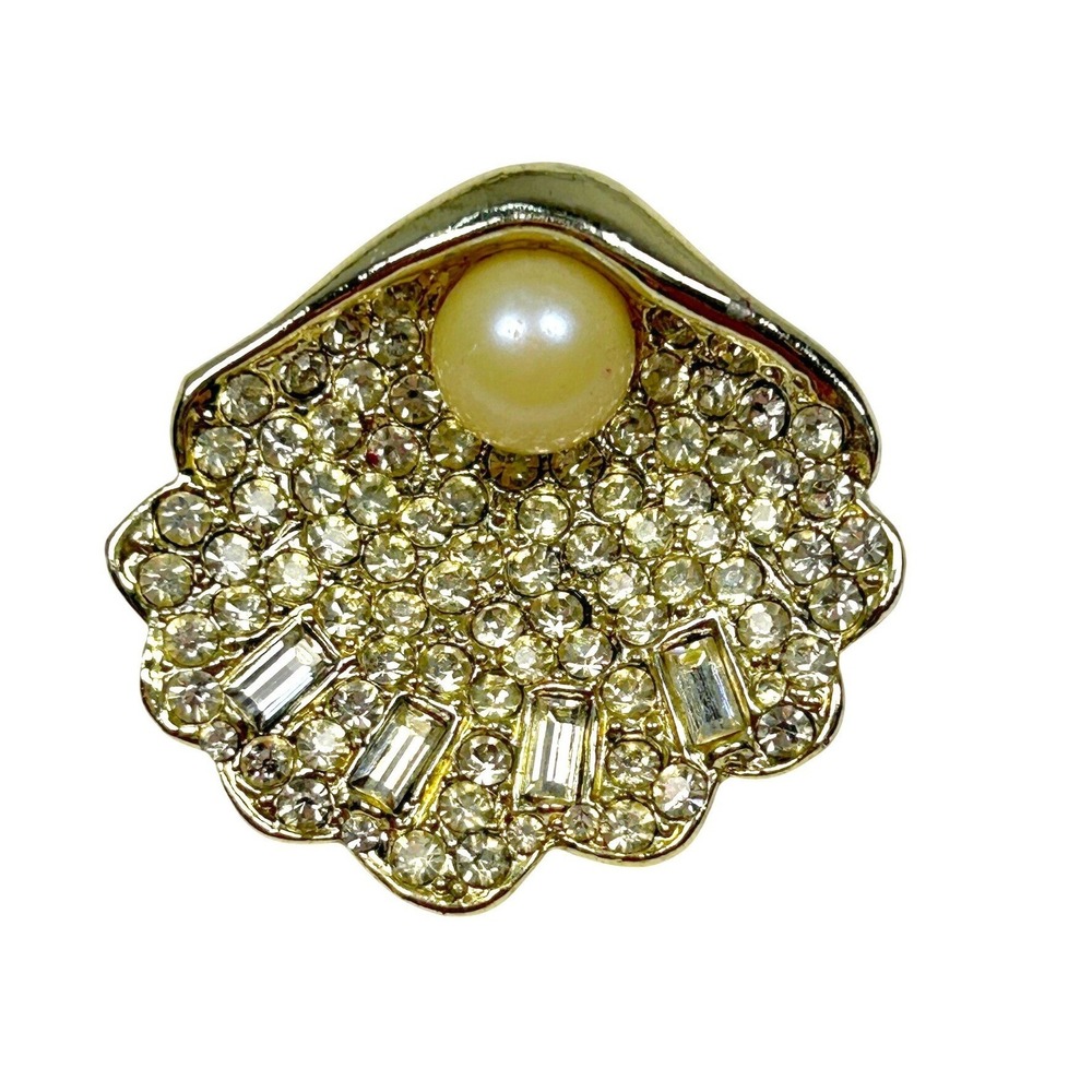 Seashell Brooch Rhinestone Gold Tone‎ Faux Pearl Vintage Mid Century